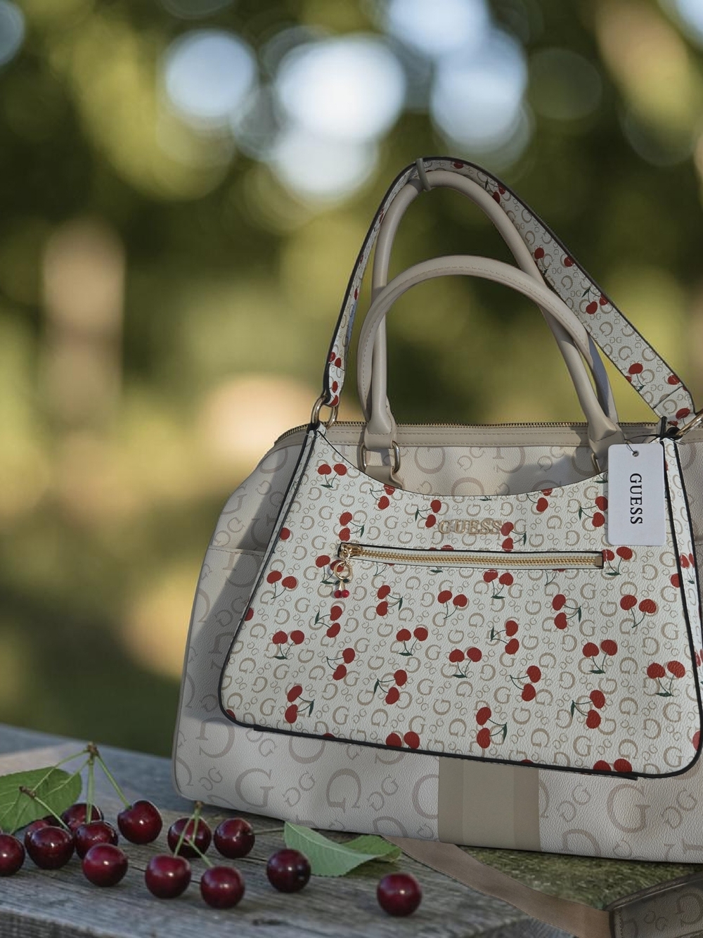 GUESS  Satchel with Red Cherry Print/ Weekender Travel Bunde Set